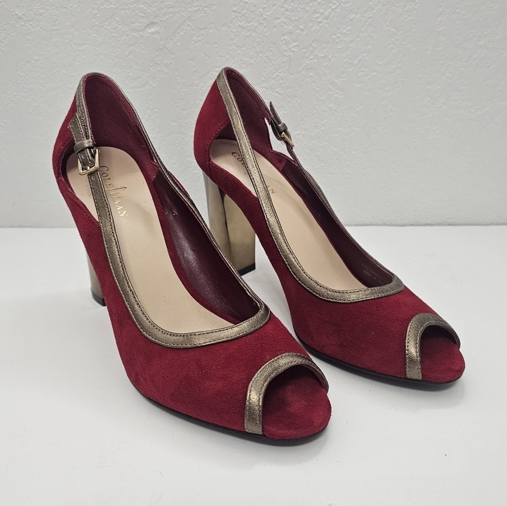 Cole Haan Corrine Heels Open Toes Red Velvet Gold Peep Toe Pumps Size 7B
